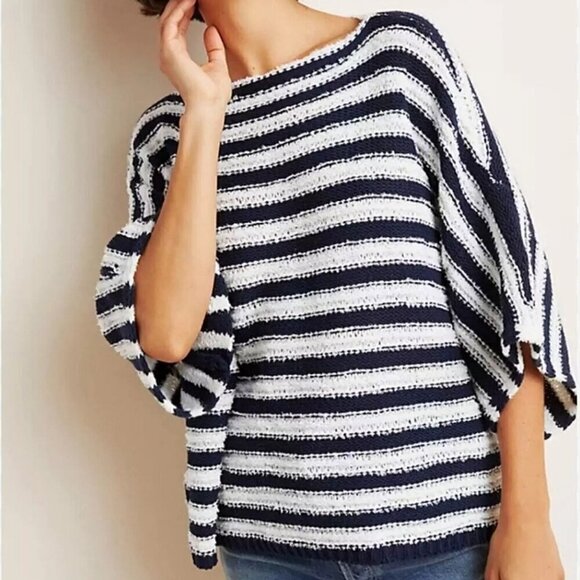 Anthropologie Evie Poncho Blue Striped Knit Sweater M/L Oversized Boho - Picture 1 of 9